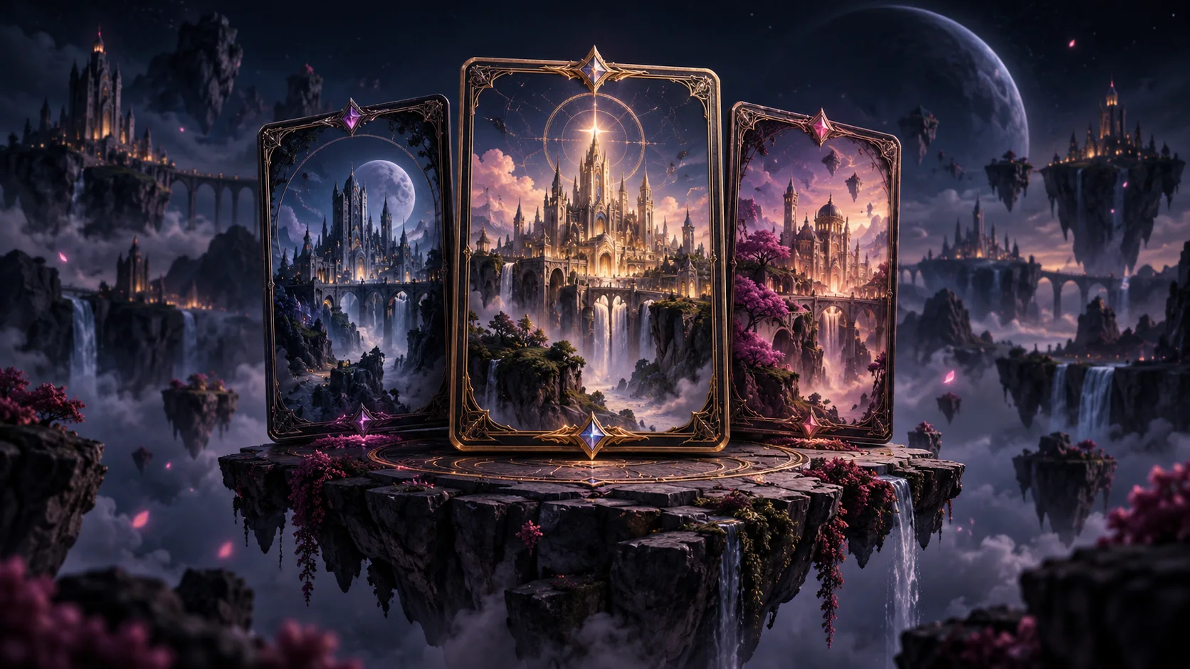 A fantasy city and collectible cards in the Ava Atlas universe